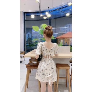 Váy Đầm Xòe Họa Tiết Cổ Vuông Tay Ngắn Cột Nơ Lưng Chất Liệu Lụa Thời Trang Nữ KEMPK Mẫu Free Size Dưới 56kg-5