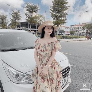 Váy xòe hoa gấm lụa mặc 2 kiểu đầm trễ vai nữ đi chơi cao cấp DN617-1