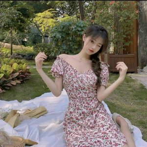 Đầm hoa nhí, váy hoa nhí vintage trễ vai dáng dài kèm ảnh thật-2