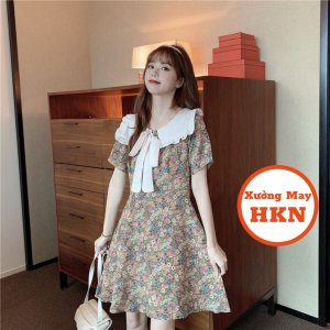 Váy Hoa Cổ Bèo Nơ Chất Thô Cotton Có Khoá Lưng Mã 090 Xưởng May HKN-1