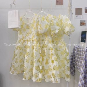 [Hàng sẵn] VÁY HOA NHÍ HOA CAM XANH CỘC TAY XOÈ BỒNG HAI LỚP HÀNG QUẢNG CHÂU-3