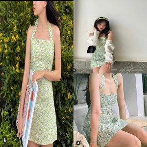 Set váy cổ yếm đầm midi hoa nhí xanh kèm áo khoác cardigan sang chảnh đi chơi du lịch-1