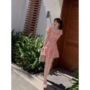 Váy hoa nhí - Váy cổ vuông hoa nhí đi tiệc - Váy đầm màu hồng hoa nhí chiết eo - LINH NA STORE-4