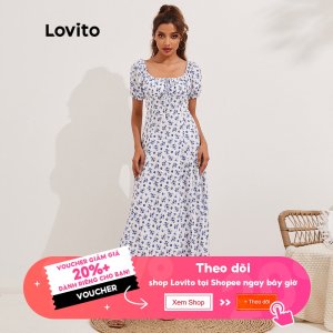 Váy Lovito họa tiết hoa phối dây buộc cổ vuông xẻ sâu kiểu dáng không đồng đều L13X002 (màu xanh lam)-2