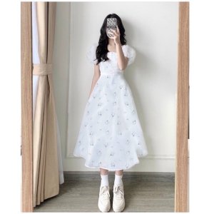 [Mã 44FASHIONSALE626 giảm 10K đơn 50K] Váy hoa trắng nút bọc(Sẵn tại shop )-3
