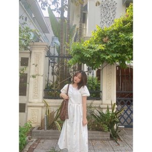 Váy Babydoll Thêu Hoa Tay Bồng, Váy Xoè Trắng-6