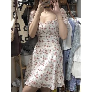 (Ảnh thật)(sẵn L) Váy đầm hoa nhí hở lưng cổ vuông dáng xoè thắt nơ phối ren xinh xắn tiểu thư đi chơi du lịch đi biển-4