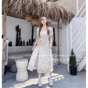 [Ảnh thật/Sẵn]Váy hoa nhúm ngực xẻ tà tay bồng/Đầm hoa Wedding dress-4