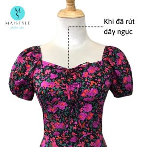 Váy hoa nhí MAISTYLE đầm body hoa nhí tay phồng cổ vuông trễ vai thiết kế đẹp dáng ngắn MY1113-3