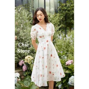 [Hình thật/ Video] Đầm hoa nhí dáng dài vintage chất lụa may 2 lớp Đầm váy thiết kế cao cấp CHIC.STORE-8
