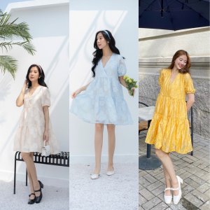 Váy Organza Ren Hoa Cổ V Phom Suông Dễ Mặc Vải Ren Hoa Nổi Xinh Vô Cùng-1