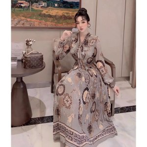 [Mã FATHANG5 giảm 10K đơn 50K] V047 Váy Dự Tiệc Dáng Dài pha Cổ Nơ , Đầm Hoạ Tiết Dài Tay , Chân Váy Dập Ly Cao Cấp-2