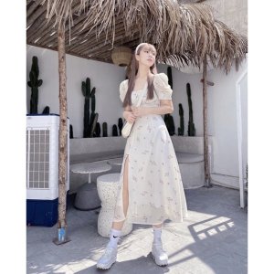 Váy hoa nhí tiểu thư vintage xẻ đùi - Đầm hoa nàng thơ (video/sẵn)-4