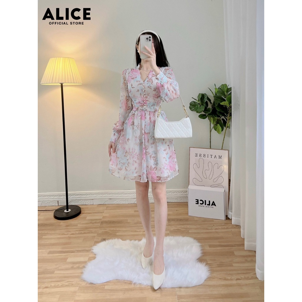 Váy Hoa Xòe Dài Tay ALICE Chất Vải Tơ Lót Lụa Mềm Mịn Thiết Kế Váy Chiết Eo Cố V Cúc Ngọc Duyên Dáng Thanh Lịch V779-5