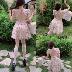 [Ảnh thật/Video]Váy hoa nhí Lulilan tay bồng hở lưng viền ren xinh xắn Đầm nữ tiểu thư cutout sexy-5