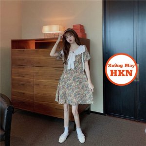 Váy Hoa Cổ Bèo Nơ Chất Thô Cotton Có Khoá Lưng Mã 090 Xưởng May HKN-2