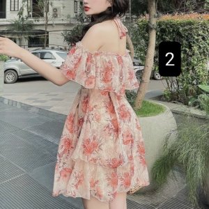 Váy hoa trễ vai buộc nơ cổ-4