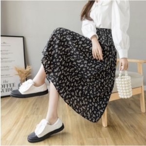 Chân váy hoa nhí vintage, váy hoa nhí dáng dài đen trắng vải voan 2 lớp siêu xinh - Mia Shore-2