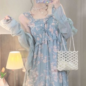 Set Áo Thun Ngắn Tay Và Đầm Dây In Hoa Chất Liệu Chiffon Thời Trang Trẻ Trung-2