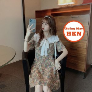 Váy Hoa Cổ Bèo Nơ Chất Thô Cotton Có Khoá Lưng Mã 090 Xưởng May HKN-3