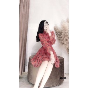 Váy thiết kế tơ hoa cổ bèo tay dài dáng xòe hàng hai lớp tiểu thư sang chảnh-5