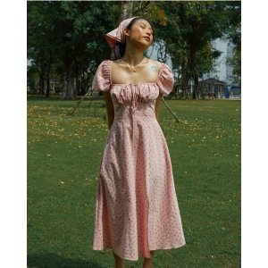 Váy hoa nhí dáng dài cổ vuông xẻ tà phong cách ulzzang vingate( Sẵn Hồng)-8