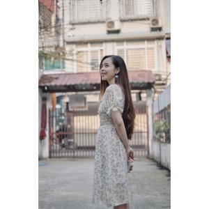 Váy hoa nhí tay ngắn Minette Dress vải voan mềm mại mặc tôn dáng trắng bông xanh-7