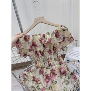 Váy xòe hoa gấm lụa mặc 2 kiểu đầm trễ vai nữ đi chơi cao cấp DN617-9