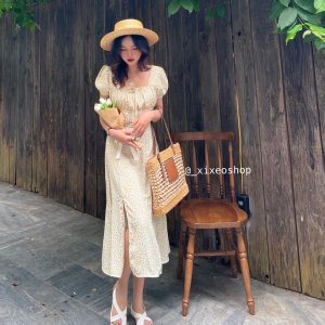 Váy hoa nhí vintage, đầm hoa cổ vuông xẻ tà phong cách Hàn Quốc xixeoshop - v84-6