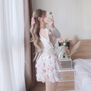 Set váy 2 món váy hoa 2 dây khóa lưng kèm áo khoác thun gân, Váy 2 dây hoa xếp ly ngực siêu xinh-3
