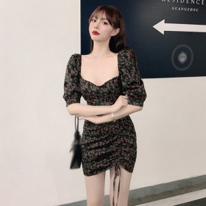 Váy dáng ôm tay ngắn cổ vuông in hoa thời trang phong cách Hàn Quốc-6