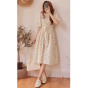 Váy trắng hoa nhí vintage body tay ngắn babydoll thiết kế , Đầm dự tiệc dây cột eo bản to-4