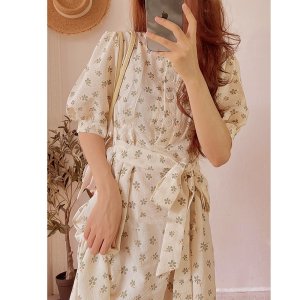 Váy trắng hoa nhí vintage body tay ngắn babydoll thiết kế , Đầm dự tiệc dây cột eo bản to-5