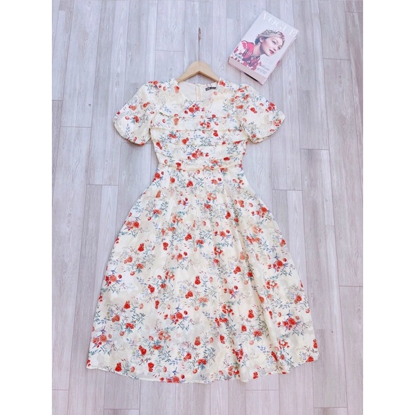 Váy hoa nhí xếp li ngực tay bồng tiểu thư diện đi chơi đi tiệc tone màu sáng da 2 lớp nhẹ nhàng xinh lắm-7