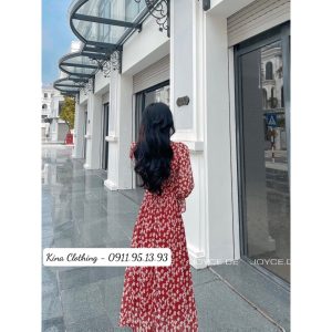 Đầm nữ maxi dáng dài cổ nơ đính ngọc voan hoa nhí D06-5