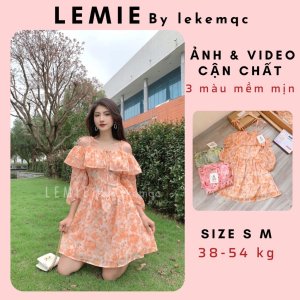 SẴN HÀNG Váy Hoa Ngắn Trễ Vai V22, Đầm Xòe Hoa Dài Tay Phong Cách Tiểu Thư Vải Voan Hoa Cam , Hoa Hồng LEMIE by lekemqc-1