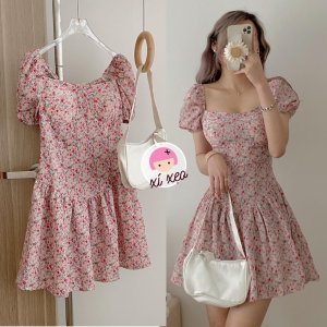 Váy hoa nhí cúp ngực cổ vuông tay phồng dáng xoè ngắn tiểu thư vintage xixeoshop - v110-1