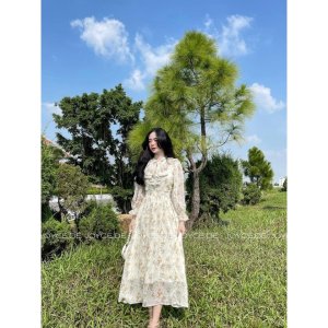 VÁY VOAN TƠ HOA VÀNG NHÍ CỔ BÈO NƠ-2