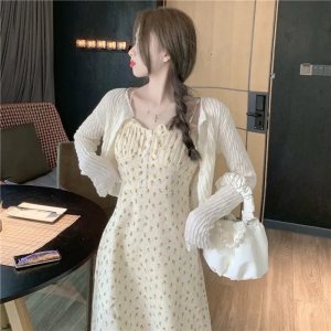 Váy Hai Dây Hoa Nhí/ Áo Khoác Cardigan Mỏng HT01 Phong Cách Hàn Quốc-5