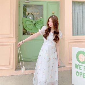 Váy hoa nhí cổ vuông vintage dáng dài tay ngắn phối nút bộc,đầm dự tiệc cưới công chúa sang chảnh xinh đẹp-4