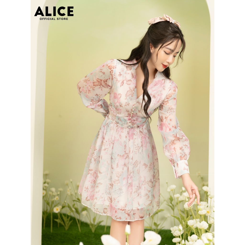 Váy Hoa Xòe Dài Tay ALICE Chất Vải Tơ Lót Lụa Mềm Mịn Thiết Kế Váy Chiết Eo Cố V Cúc Ngọc Duyên Dáng Thanh Lịch V779-2