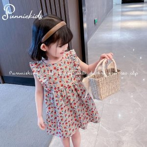 Váy hoa nhí xuất dư thắt nơ sau chất thô mịn mềm mát mùa hè cho bé gái phong cách vintage-8