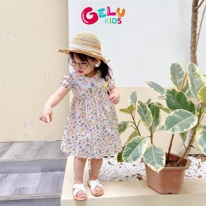Váy cho bé gái GELU KIDS họa tiết hoa nhí phối cổ viền ren bé gái chất liệu thô mềm mát - VBG003-2