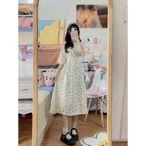 Đầm trắng hoa nhí cỏ 4 lá may mắn body cổ cúc dọc tay ngắn ulzzang , Váy nữ vintage thiết kế dự tiệc-7