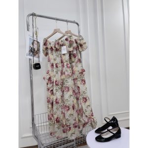 Váy xòe hoa gấm lụa mặc 2 kiểu đầm trễ vai nữ đi chơi cao cấp DN617-6