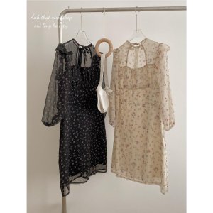 Váy hoa nhí voan, đầm nơ cổ khoét ngực dáng xoè Hàn Quốc xixeoshop - v85-2