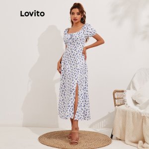 Váy Lovito họa tiết hoa phối dây buộc cổ vuông xẻ sâu kiểu dáng không đồng đều L13X002 (màu xanh lam)-3