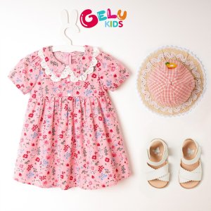 Váy cho bé gái GELU KIDS họa tiết hoa nhí phối cổ viền ren bé gái chất liệu thô mềm mát - VBG003-1