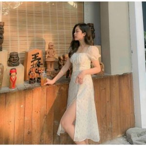 Đầm Maxi Hoa Nhí Vàng/ Váy Maxi Cổ Vuông Tay Bồng Lưng Chun Thun Sẵn Mút Siêu Yêu-9