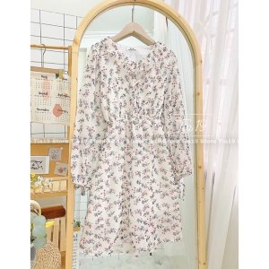Váy hoa dài tay ulzzang kèm đai Tia19. Đầm hoa nhí ulzzang dáng xoè (Ảnh thật)-9